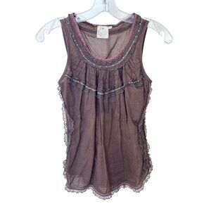 Vintage Brown Lace Babydoll Sleeveless Top Boho Cottagecore Y2K - Size Small
